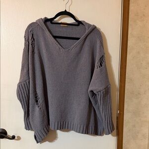 POL Gray V-Neck Distressed Sweater
